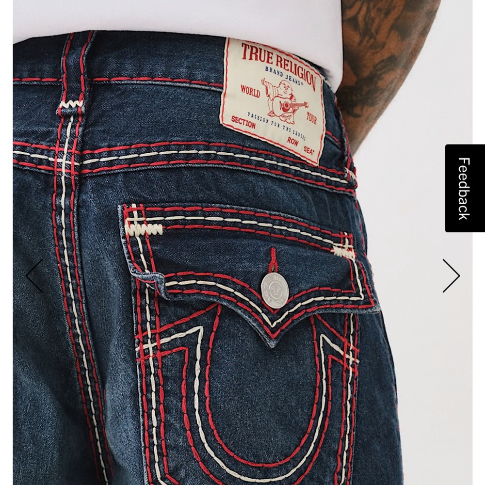 True Religion Men's Dark Blue Jeans with Red Stitching